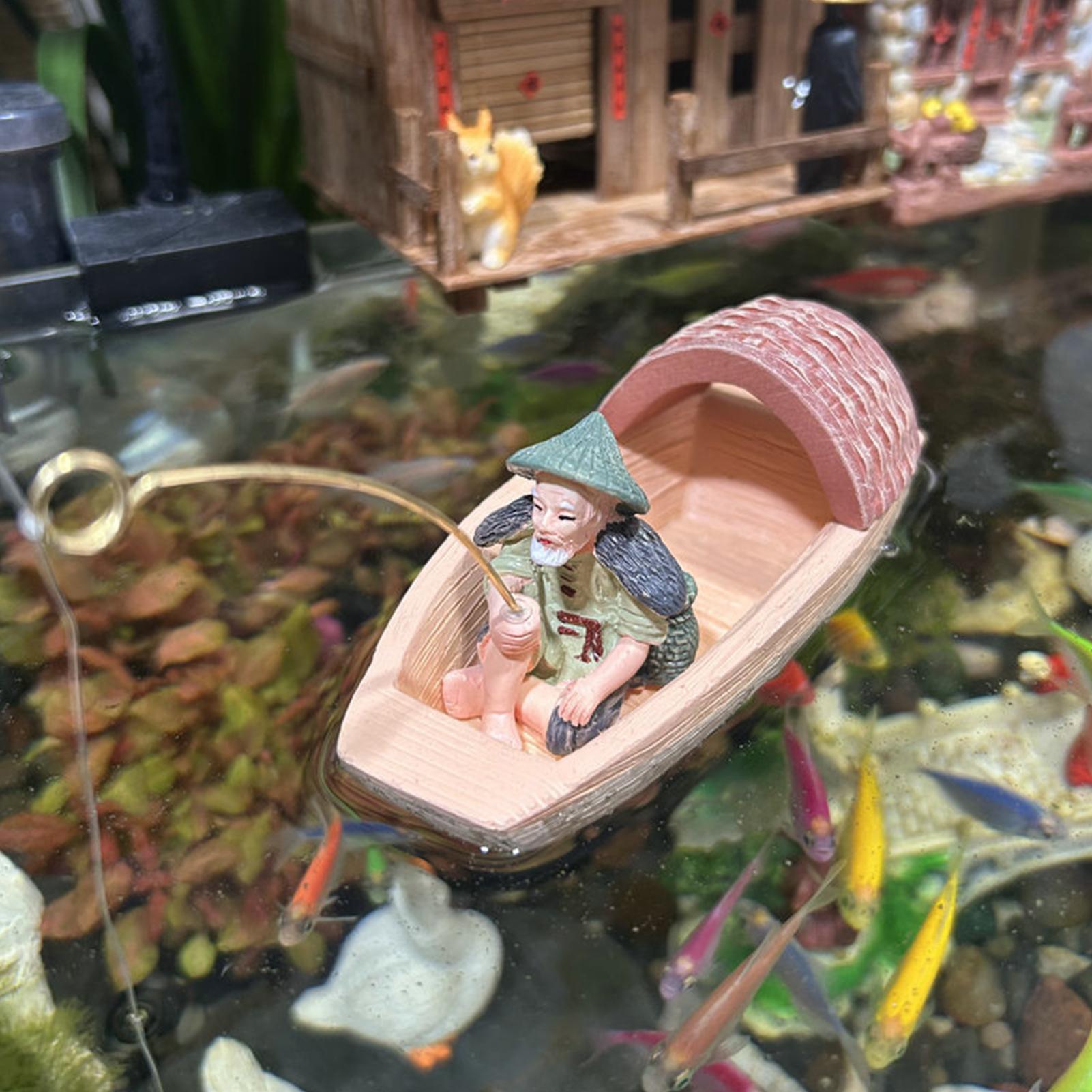 Marine Aquarium Hobby - Resin Floating Fisherman Boat Ornament Mini